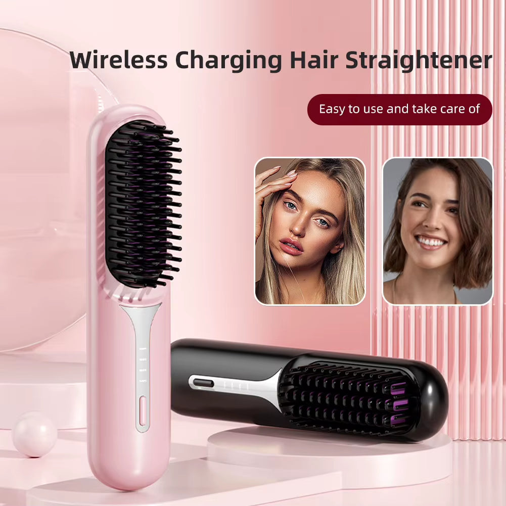 Wet Dry Hair Straightener Portable Hair Comb Cordless Hair Straightener Brush with Fast Heating Negative Ions for Fluffy Curly