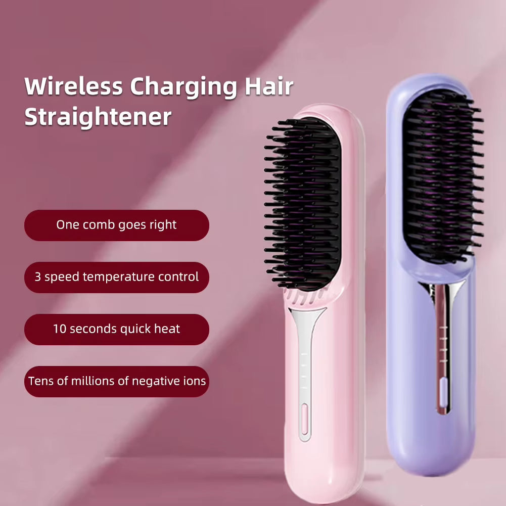 Wet Dry Hair Straightener Portable Hair Comb Cordless Hair Straightener Brush with Fast Heating Negative Ions for Fluffy Curly
